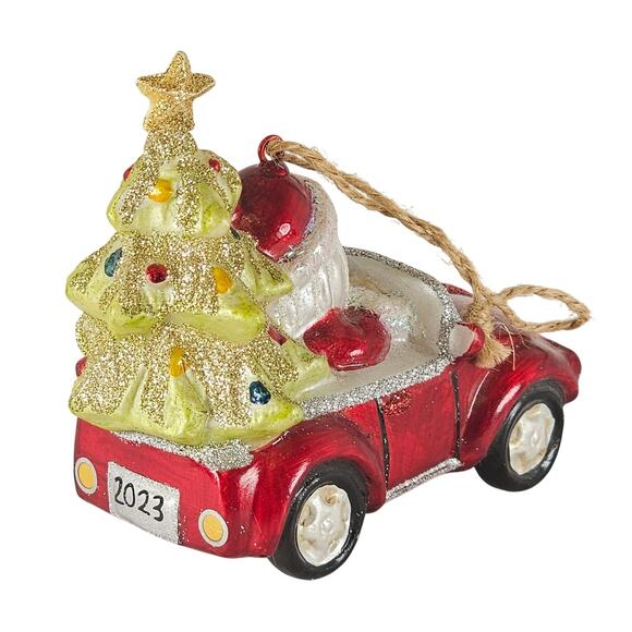 Santa in Red Convertible Car Ornament w/ Christmas Tree 2023 Glitter Holiday - Picture 6 of 14